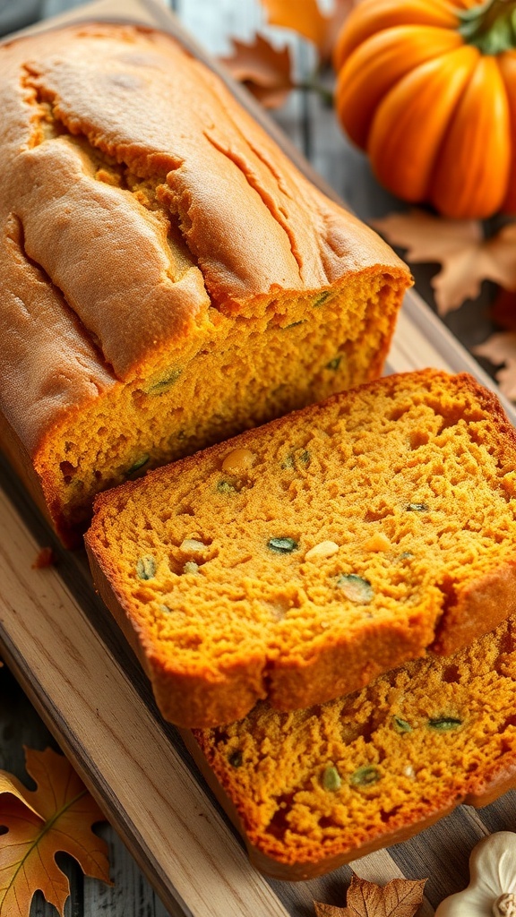 Pumpkin Zucchini Bread Recipe A loaf of pumpkin zucchini bread, sliced to show its moist texture, on a wooden board with autumn decorations.